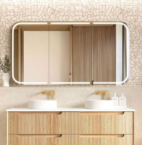 LED Newport 1500(W)x750(H) Natural Oak Shaving Cabinet - Premium Edition