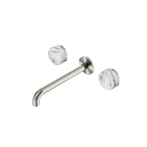 Serenity Wall Basin Set 220mm Spout With Arabescato Corchia Handle Brushed Nicke