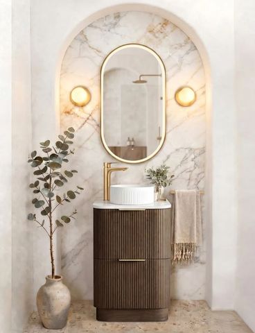 Havana Fluted 600mm Sable Walnut Floorstanding Curve Vanity