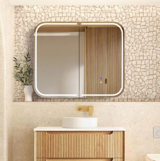 LED Newport 900(W)x750(H) Natural Oak Shaving Cabinet - Premium Edition