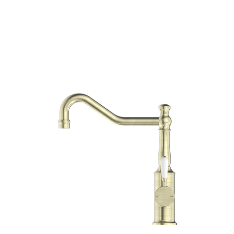 YORK KITCHEN MIXER HOOK SPOUT WITH WHITE PORCELAIN LEVER AGED BRASS