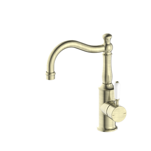 YORK BASIN MIXER HOOK SPOUT WITH WHITE PORCELAIN LEVER AGED BRASS