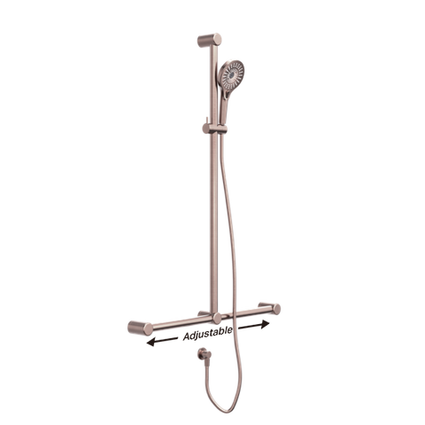 MECCA CARE 32MM T BAR GRAB RAIL AND ADJUSTABLE SHOWER SET 1100X750MM BRUSHED BRO