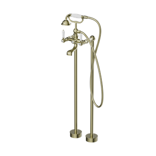 YORK FREESTANDING BATH SET WITH WHITE PORCELAIN HAND SHOWER AGED BRASS