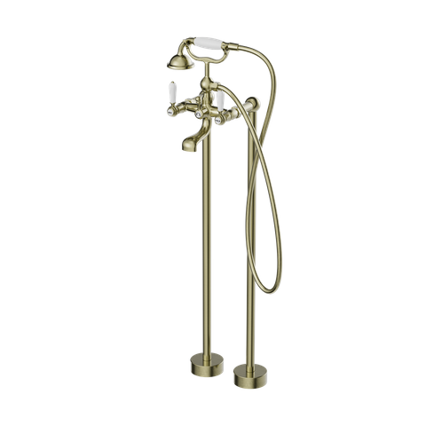 YORK FREESTANDING BATH SET WITH WHITE PORCELAIN HAND SHOWER AGED BRASS