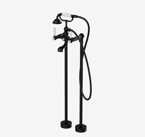 YORK FREESTANDING BATH SET WITH WHITE PORCELAIN HAND SHOWER MATTE BLACK