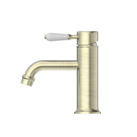 YORK STRAIGHT BASIN MIXER WITH WHITE PORCELAIN LEVER AGED BRASS