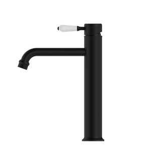 YORK STRAIGHT TALL BASIN MIXER WITH WHITE PORCELAIN LEVER MATTE BLACK