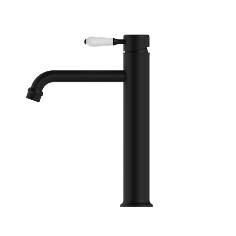 YORK STRAIGHT TALL BASIN MIXER WITH WHITE PORCELAIN LEVER MATTE BLACK