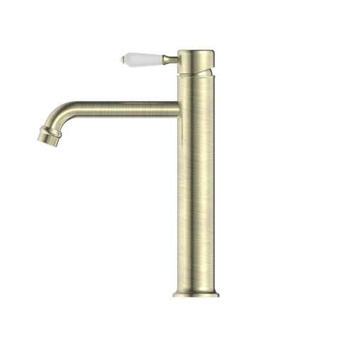 YORK STRAIGHT TALL BASIN MIXER WITH WHITE PORCELAIN LEVER AGED BRASS