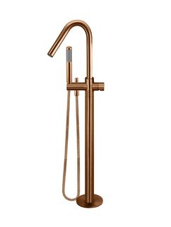 Round Freestanding Bath Spout and Hand Shower - Pinless Handle Lustre Bronze