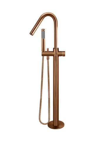 Round Freestanding Bath Spout and Hand Shower - Pinless Handle Lustre Bronze