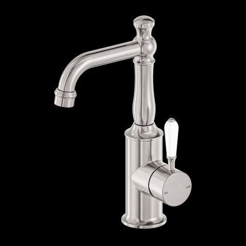 YORK BASIN MIXER WITH WHITE PORCELAIN LEVER BRUSHED NICKEL