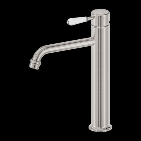 YORK STRAIGHT TALL BASIN MIXER WITH WHITE PORCELAIN LEVER BRUSHED NICKEL