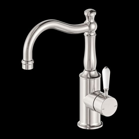 YORK BASIN MIXER HOOK SPOUT WITH WHITE PORCELAIN LEVER BRUSHED NICKEL