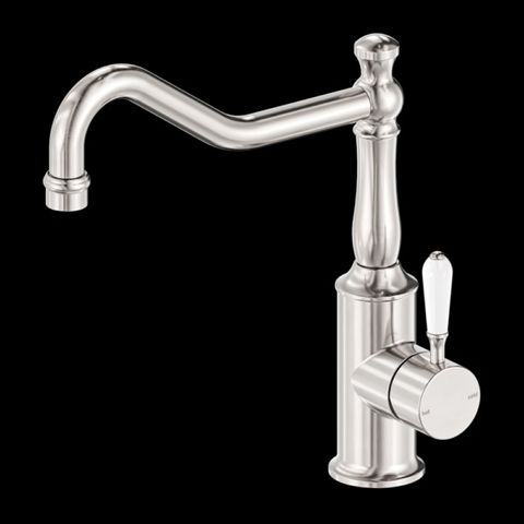 YORK KITCHEN MIXER HOOK SPOUT WITH WHITE PORCELAIN LEVER BRUSHED NICKEL