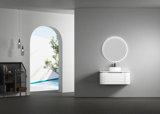 Petra 900 Wall Hung Curved Matte White Vanity with Flat White Stone Top