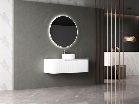 Petra 1200 Wall Hung Curved Matte White Vanity with Flat White Stone Top