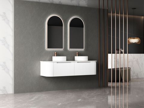 Petra 1500 Wall Hung Curved Matte White Vanity with Flat White Stone Top