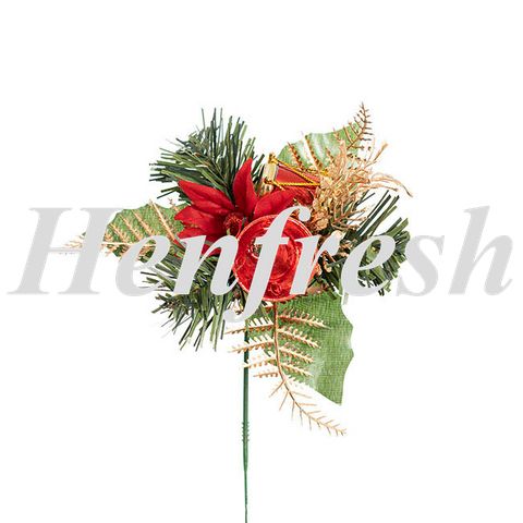Christmas Pick w Poinsettia & Drum Pack 4 Red