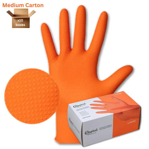 GLOVES NITRILE ORANGE DIAMOND TEXTURED MEDIUM CTN