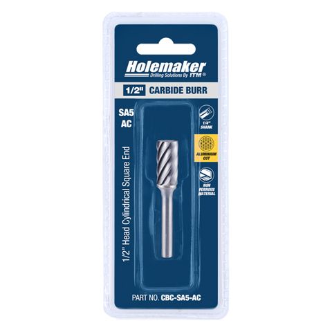 HOLEMAKER CARBIDE BURR, CARDED, CYLINDRICAL SQUARE END 1/2" X 1" HEAD 1/4" SHANK AC