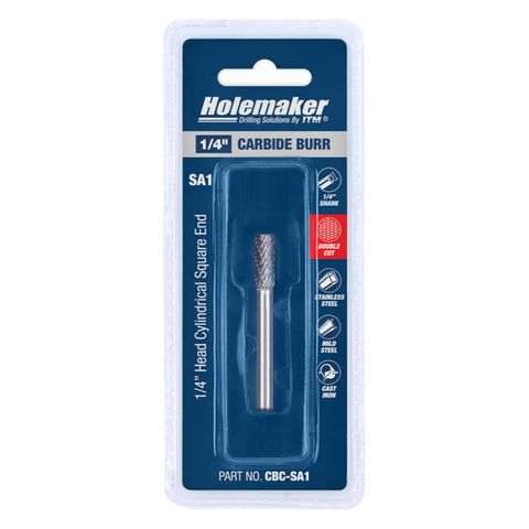 HOLEMAKER CARBIDE BURR, CARDED, CYLINDRICAL SQUARE END 1/4" X 5/8" HEAD 1/4" SHANK DC