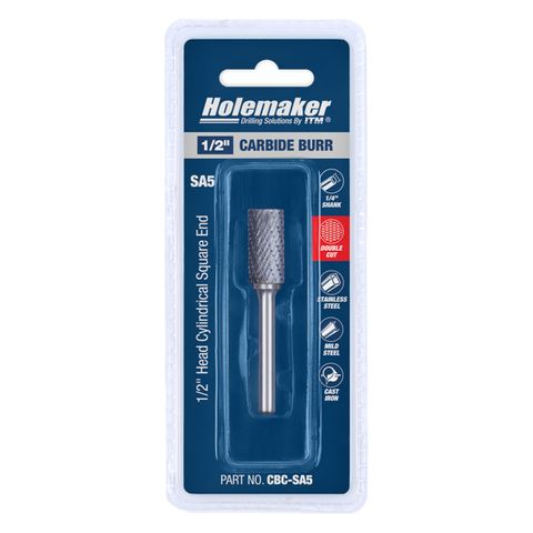 HOLEMAKER CARBIDE BURR, CARDED, CYLINDRICAL SQUARE END 1/2" X 1" HEAD 1/4" SHANK DC