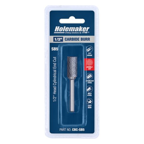 HOLEMAKER CARBIDE BURR, CARDED, CYLINDRICAL END CUT 1/2" X 1" HEAD 1/4" SHANK DC