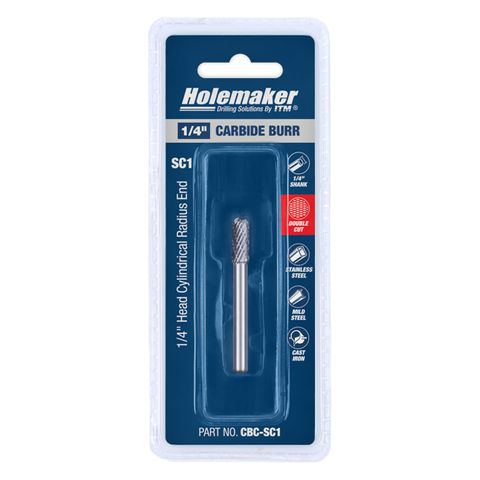 HOLEMAKER CARBIDE BURR, CARDED, CYLINDRICAL RADIUS END 1/4" X 5/8" HEAD 1/4" SHANK DC