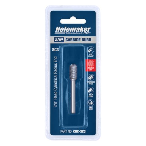 HOLEMAKER CARBIDE BURR, CARDED, CYLINDRICAL RADIUS END 3/8" X 3/4" HEAD 1/4" SHANK DC