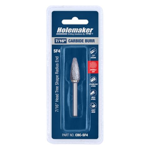 HOLEMAKER CARBIDE BURR, CARDED, TREE SHAPE RADIUS END, 7/16" X 1" HEAD, 1/4" SHANK DC