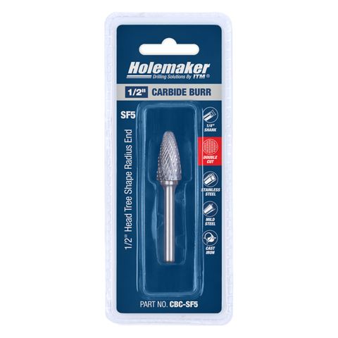 HOLEMAKER CARBIDE BURR, CARDED, TREE SHAPE RADIUS END 1/2" X 1"HEAD, 1/4" SHANK DC