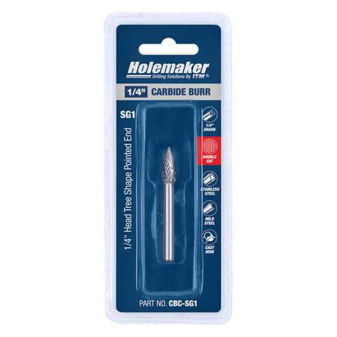 HOLEMAKER CARBIDE BURR, CARDED, TREE SHAPE POINTED END 1/4" X 5/8" HEAD, 1/4" SHANK DC