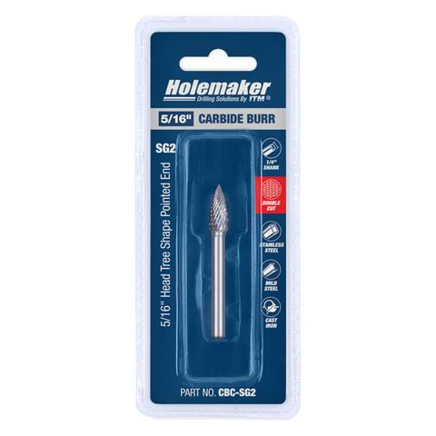 HOLEMAKER CARBIDE BURR, CARDED, TREE SHAPE POINTED END 5/16" X 3/4" HEAD, 1/4" SHANK DC