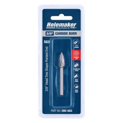 HOLEMAKER CARBIDE BURR, CARDED, TREE SHAPE POINTED END 3/8" X 3/4" HEAD, 1/4" SHANK DC