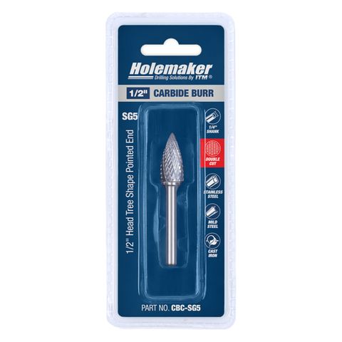 HOLEMAKER CARBIDE BURR, CARDED, TREE SHAPE POINTED END 1/2" X 1" HEAD, 1/4" SHANK DC