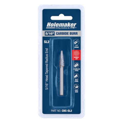 HOLEMAKER CARBIDE BURR, CARDED, TAPERED RADIUS END, 5/16" X 7/8" HEAD, 1/4" SHANK DC