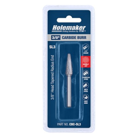 HOLEMAKER CARBIDE BURR, CARDED, TAPERED RADIUS END, 3/8" X 1-1/16" HEAD, 1/4" SHANK DC