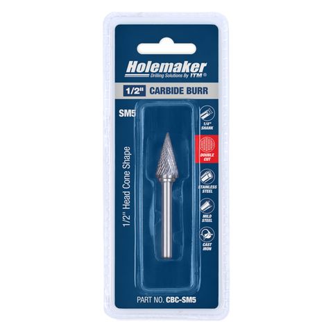 HOLEMAKER CARBIDE BURR, CARDED, CONE SHAPE, 1/2" X 1" HEAD, 1/4" SHANK DC