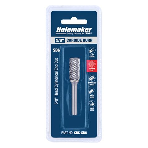 HOLEMAKER CARBIDE BURR, CARDED, CYLINDRICAL END CUT 5/8" X 1" HEAD 1/4" SHANK DC