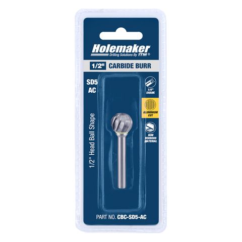 HOLEMAKER CARBIDE BURR, CARDED, BALL SHAPE, 1/2" DIAMETER, 1/4" SHANK AC