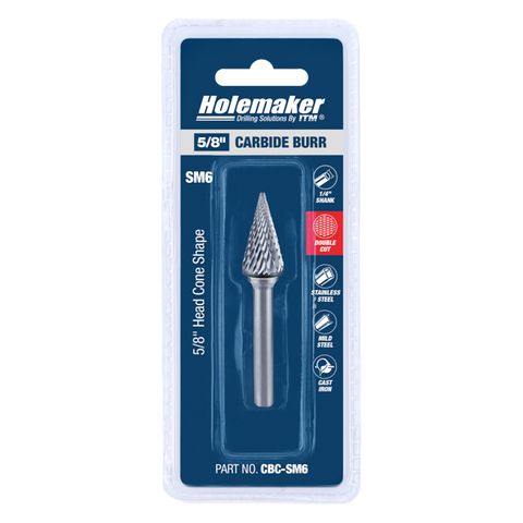 HOLEMAKER CARBIDE BURR, CARDED, CONE SHAPE, 5/8" X 1-1/8" HEAD, 1/4" SHANK DC