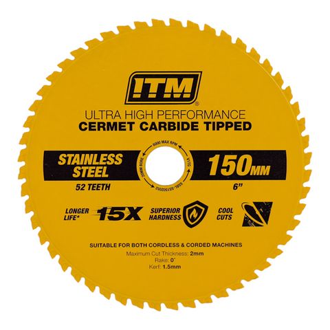 ITM 150MM STAINLESS STEEL METAL CUTTING BLADE, CERMET CARBIDE TIPPED, 52 TEETH