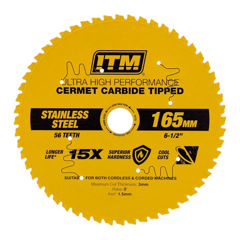 ITM 165MM STAINLESS STEEL METAL CUTTING BLADE, CERMET CARBIDE TIPPED, 56 TEETH