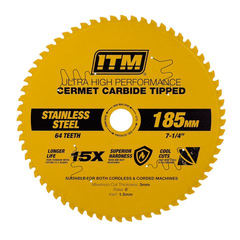 ITM 185MM STAINLESS STEEL METAL CUTTING BLADE, CERMET CARBIDE TIPPED, 64 TEETH