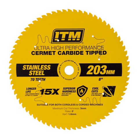 ITM 203MM STAINLESS STEEL METAL CUTTING BLADE, CERMET CARBIDE TIPPED, 70 TEETH