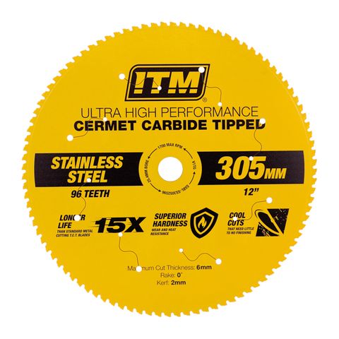 ITM 305MM STAINLESS STEEL METAL CUTTING BLADE, CERMET CARBIDE TIPPED, 96 TEETH