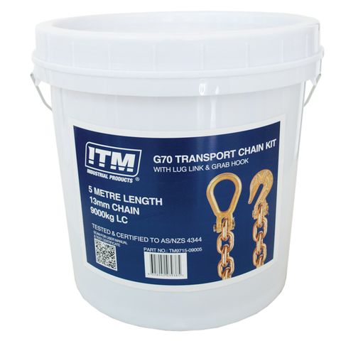 ITM G70 TRANSPORT CHAIN WITH LUG LINK & GRAB HOOK, 9 TONNE LASHING CAPACITY, 5M LENGTH