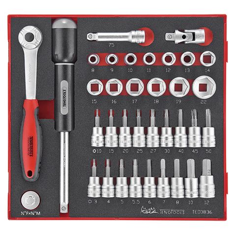 TENG 36PCE 3/8" DR. STD & TX/HEX SOCKET SET - TED-TRAY